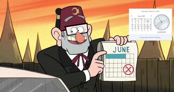 Grand Tonton Stan/Satan indiquant la date de Summerween  Capture d'écran: série ©"Gravity Falls" créée par Alex Hirsch